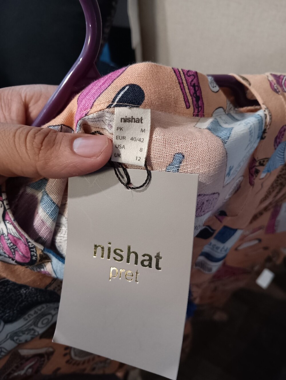 Nishat Pret Beige Printed Mini Dress with Pink Accents Sz 8 - Picture 4 of 4